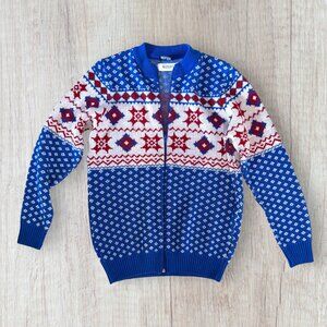 Disney Cruise Line Fair Isle Zip Sweater Royal Blue Red White Nordic Snowflake S
